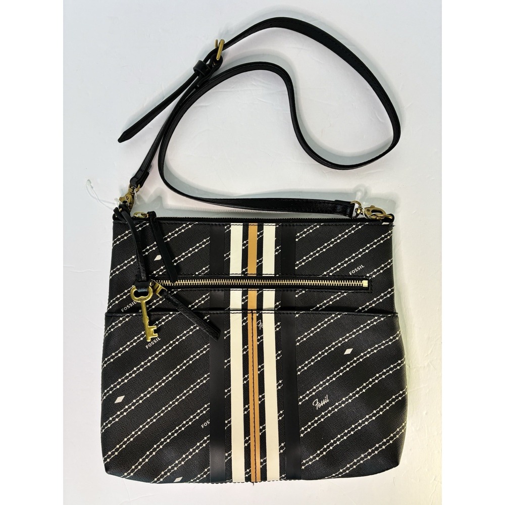 Fossil Logo Crossbody Bag Black Tan White Striped ZB7271 Purse Zipper Pockets